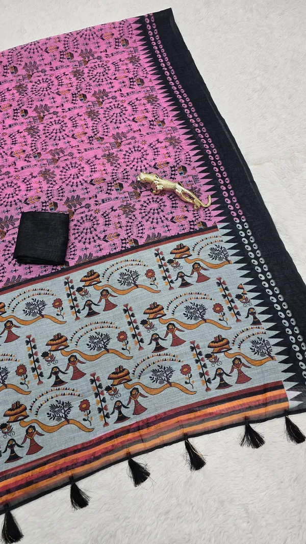 Designer_Pink_Linen_Printed_Saree_with_Tribal_Art_Pallu