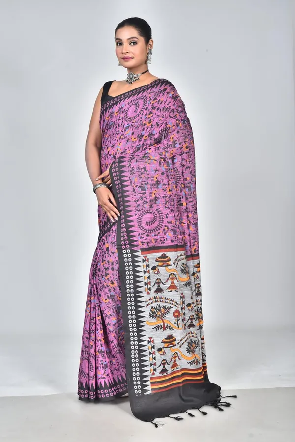 Designer_Pink_Linen_Printed_Saree_with_Tribal_Art_Pallu