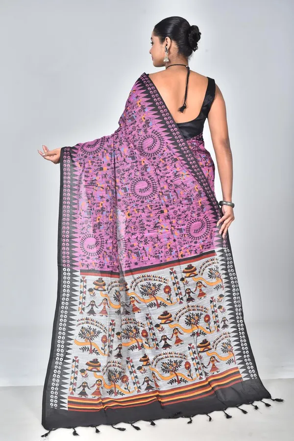 Designer_Pink_Linen_Printed_Saree_with_Tribal_Art_Pallu