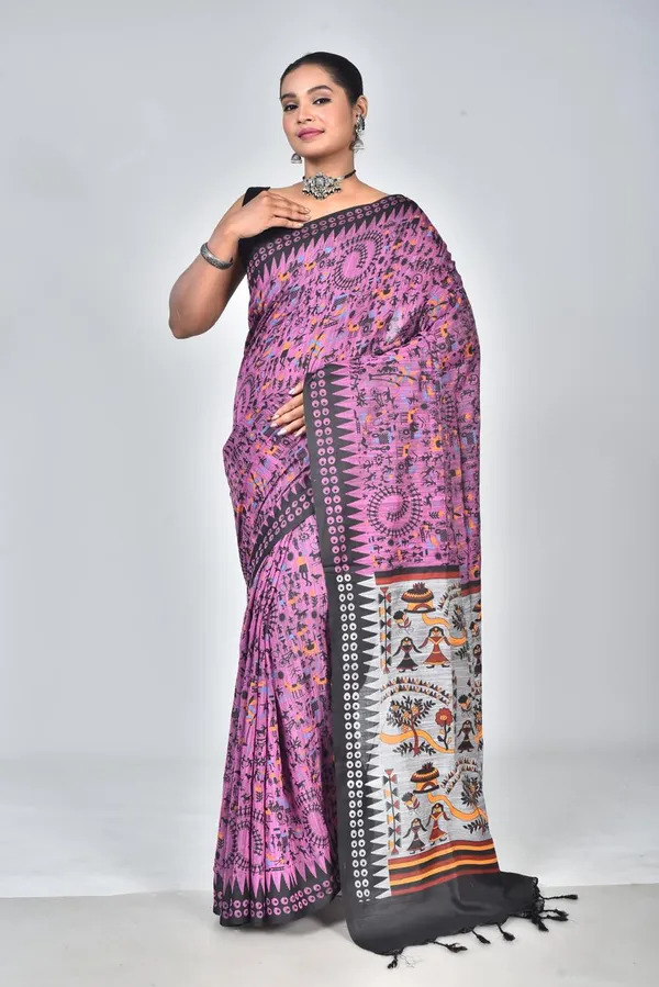 Designer_Pink_Linen_Printed_Saree_with_Tribal_Art_Pallu