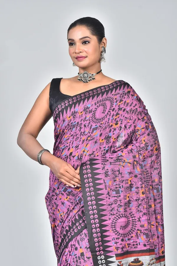 Designer_Pink_Linen_Printed_Saree_with_Tribal_Art_Pallu