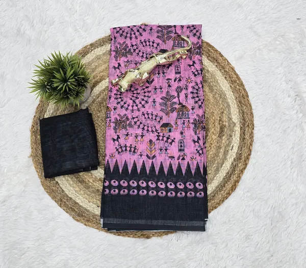 Designer_Pink_Linen_Printed_Saree_with_Tribal_Art_Pallu