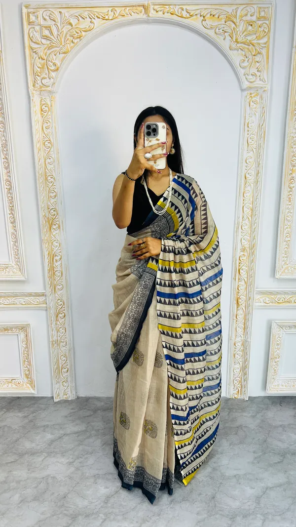 Premium_Beige_Linen_Printed_Saree_with_Geometric_Tribal_Pallu_&_Contrast_Border