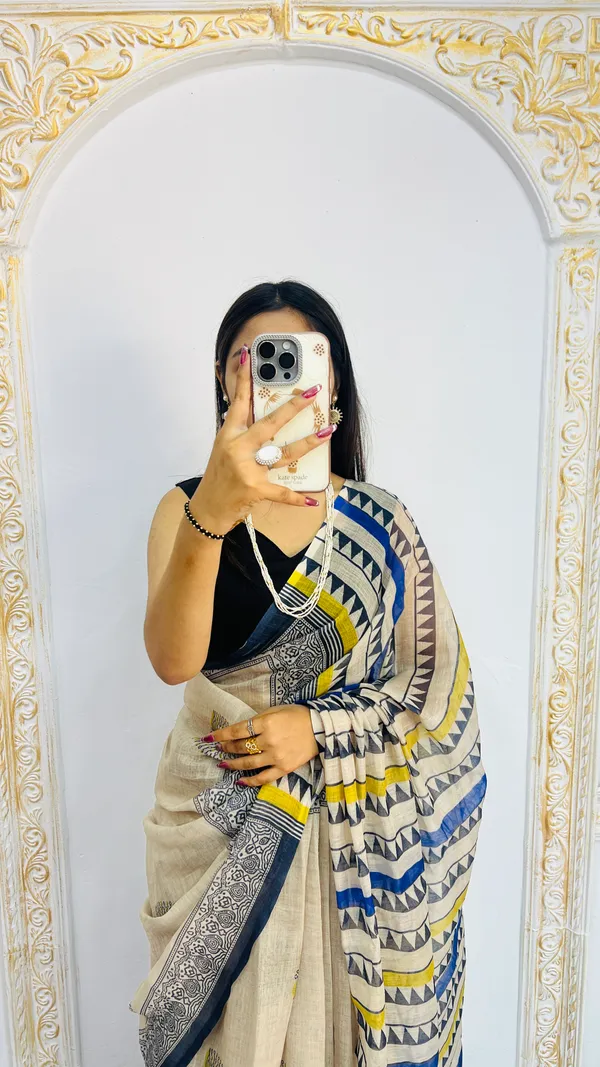 Premium_Beige_Linen_Printed_Saree_with_Geometric_Tribal_Pallu_&_Contrast_Border