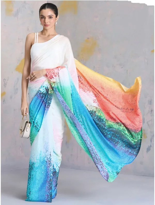White_Multicolor_Ombre_Print_Saree_�_Trendy_Designer_Party_Wear