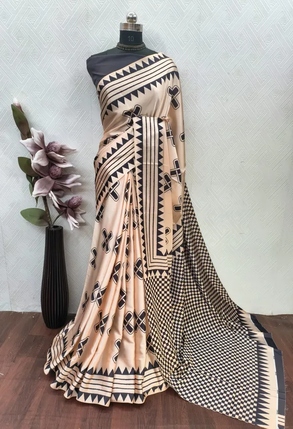Beige_&_Black_Tribal_Cross_Ajrakh_Modal_Satin_Silk_Saree_with_Checker_Pallu_|_Premium_Soft_Silk_Saree