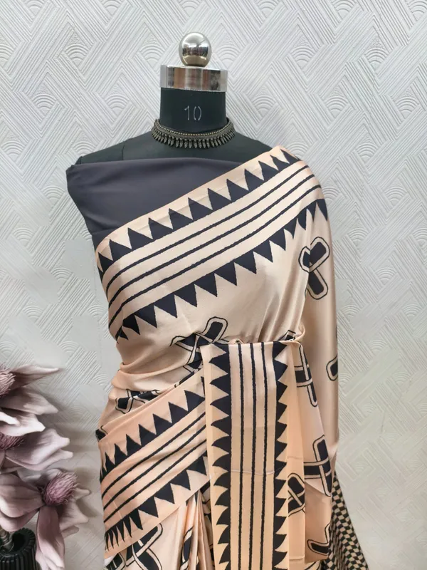 Beige_&_Black_Tribal_Cross_Ajrakh_Modal_Satin_Silk_Saree_with_Checker_Pallu_|_Premium_Soft_Silk_Saree