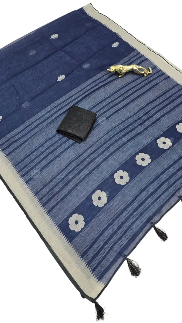 Premium_Navy_Blue_Linen_Saree_with_Contrast_Border_&_Tassel_Pallu_|_Elegant_Soft_Linen_Designer_Saree