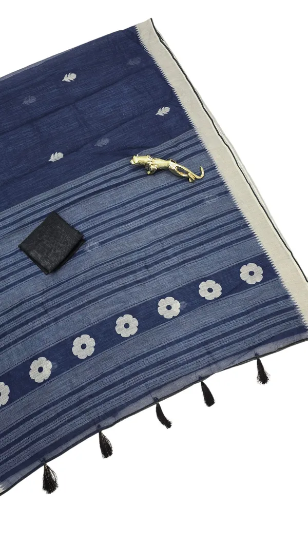 Premium_Navy_Blue_Linen_Saree_with_Contrast_Border_&_Tassel_Pallu_|_Elegant_Soft_Linen_Designer_Saree
