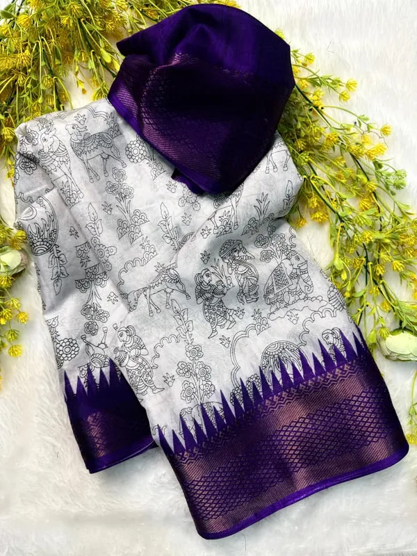 Soft_Dola_Silk_Saree_with_Pen_Kalamkari_Design_|_Contrast_Zari_Weaving_Hamsa_Border_|_Premium_Lightweight_Silk_Saree