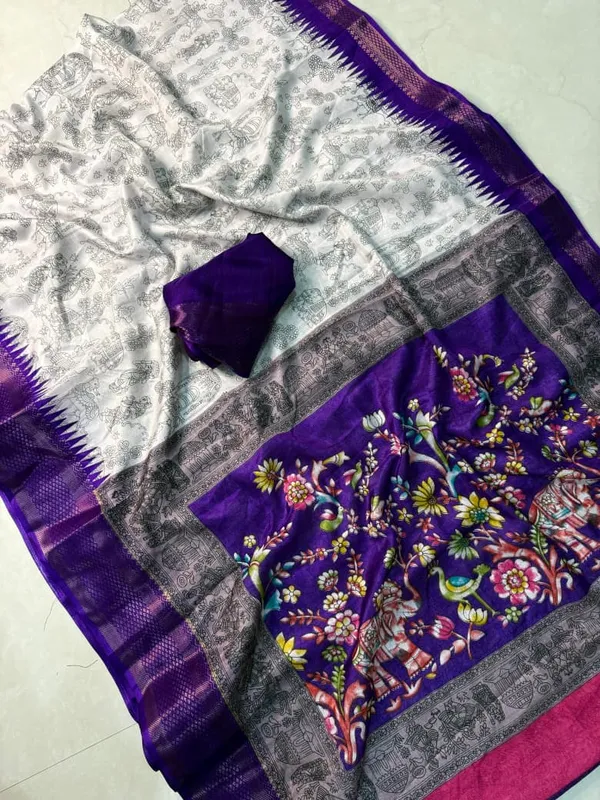 Soft_Dola_Silk_Saree_with_Pen_Kalamkari_Design_|_Contrast_Zari_Weaving_Hamsa_Border_|_Premium_Lightweight_Silk_Saree