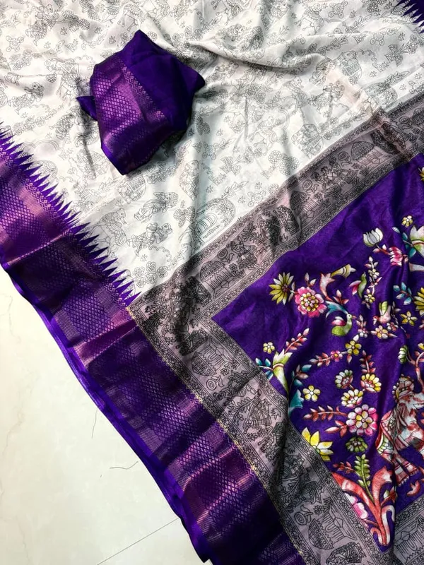 Soft_Dola_Silk_Saree_with_Pen_Kalamkari_Design_|_Contrast_Zari_Weaving_Hamsa_Border_|_Premium_Lightweight_Silk_Saree