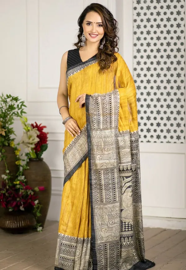 Yellow_Linen_Printed_Saree_with_Traditional_Border