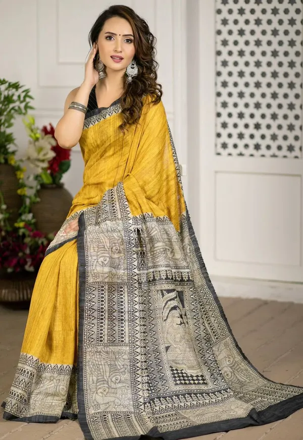 Yellow_Linen_Printed_Saree_with_Traditional_Border