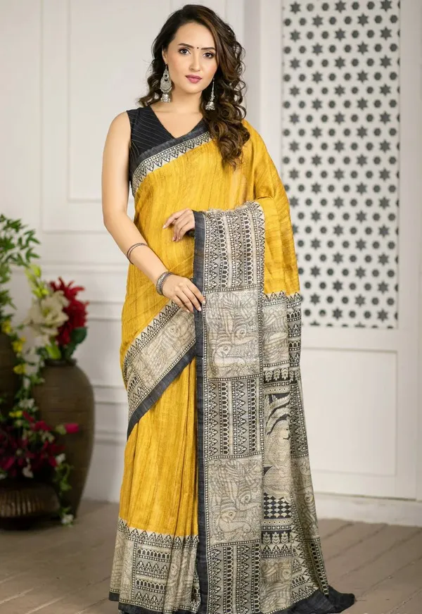 Yellow_Linen_Printed_Saree_with_Traditional_Border
