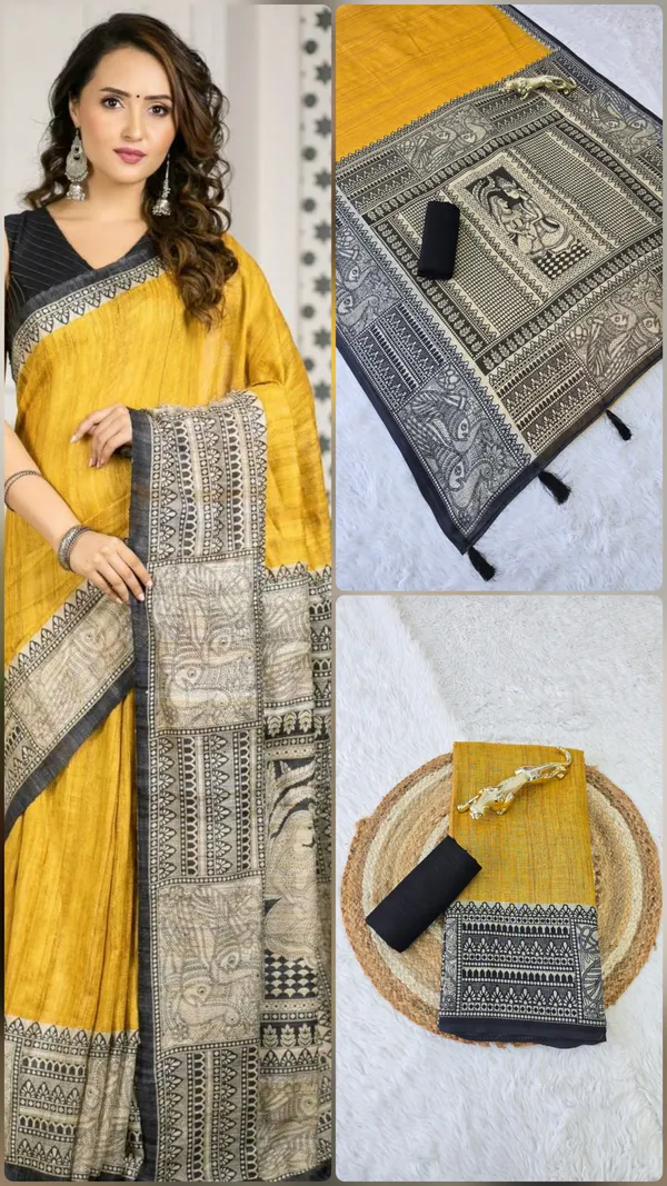 Yellow_Linen_Printed_Saree_with_Traditional_Border