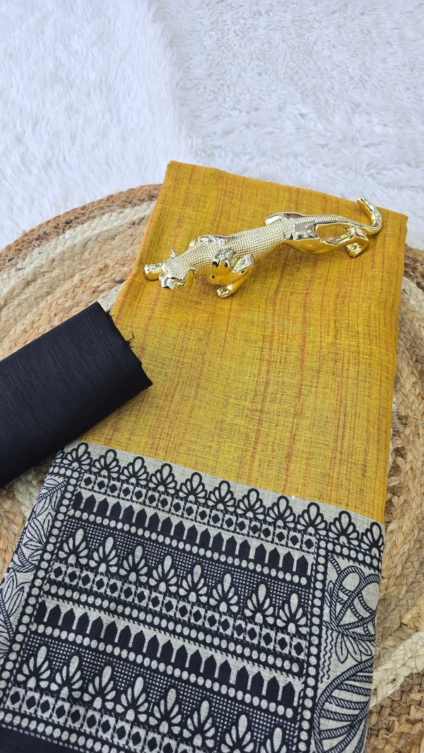 Yellow_Linen_Printed_Saree_with_Traditional_Border