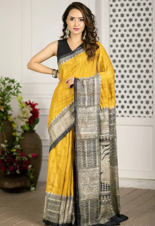 Yellow_Linen_Printed_Saree_with_Traditional_Border