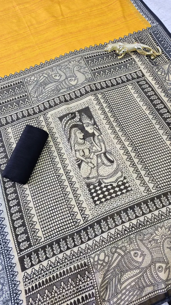 Yellow_Linen_Printed_Saree_with_Traditional_Border