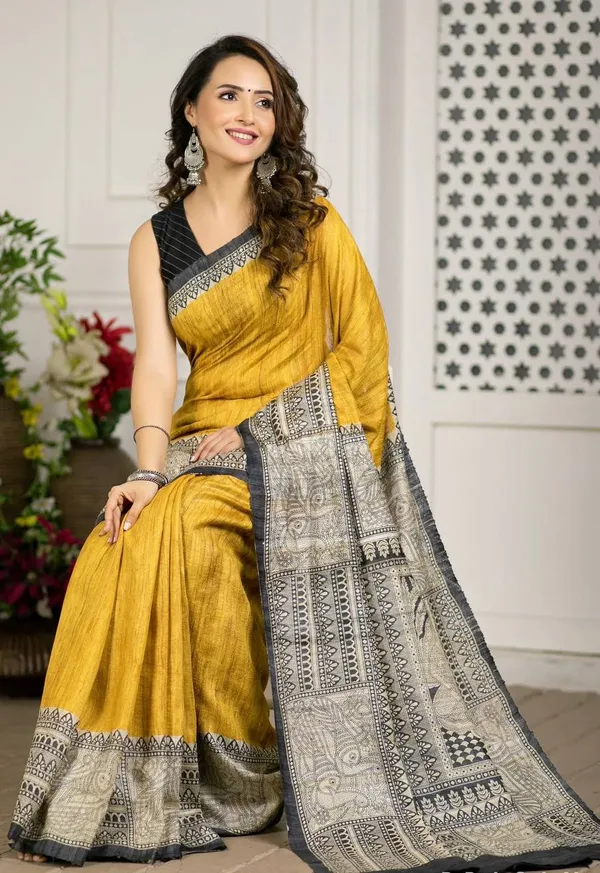 Yellow_Linen_Printed_Saree_with_Traditional_Border