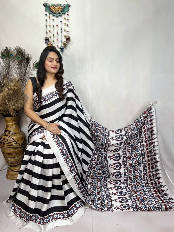 Black_&_White_Striped_Ajrakh_Modal_Silk_Saree_with_Heritage_Border