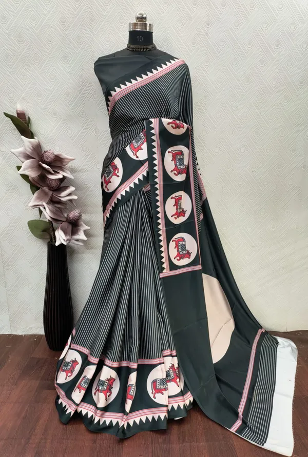 Steel_Grey_Ajrakh_Modal_Satin_Silk_Saree_with_Artistic_Tree_Border_|_Premium_Soft_Silk_Saree