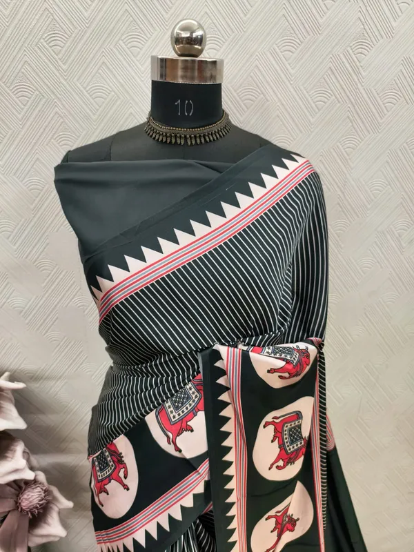Steel_Grey_Ajrakh_Modal_Satin_Silk_Saree_with_Artistic_Tree_Border_|_Premium_Soft_Silk_Saree