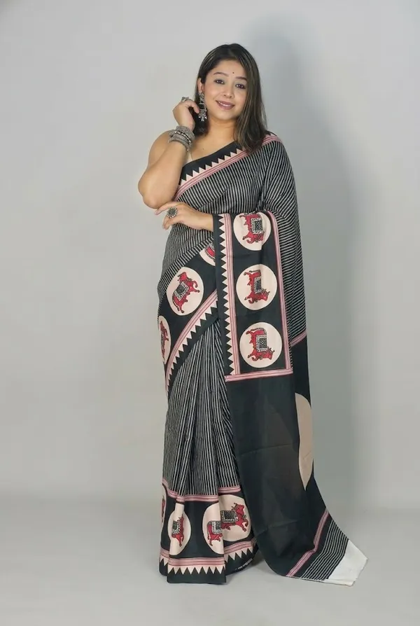 Steel_Grey_Ajrakh_Modal_Satin_Silk_Saree_with_Artistic_Tree_Border_|_Premium_Soft_Silk_Saree