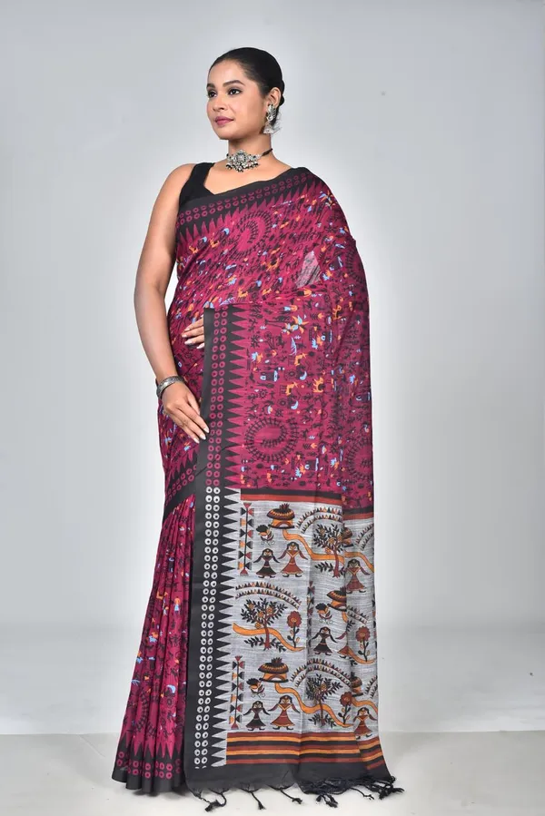 Elegant_Magenta_Linen_Printed_Saree_with_Ethnic_Tribal_Pallu