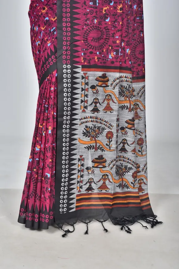 Elegant_Magenta_Linen_Printed_Saree_with_Ethnic_Tribal_Pallu