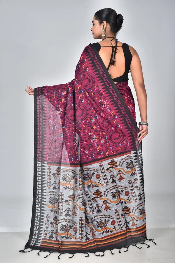 Elegant_Magenta_Linen_Printed_Saree_with_Ethnic_Tribal_Pallu