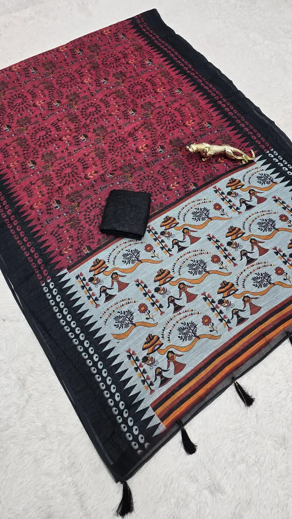 Elegant_Magenta_Linen_Printed_Saree_with_Ethnic_Tribal_Pallu