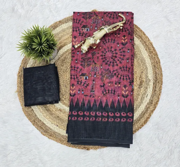 Elegant_Magenta_Linen_Printed_Saree_with_Ethnic_Tribal_Pallu
