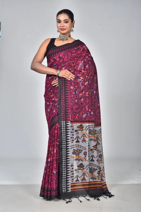 Elegant_Magenta_Linen_Printed_Saree_with_Ethnic_Tribal_Pallu