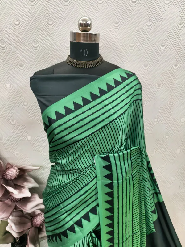 Emerald_Green_&_Black_Ajrakh_Modal_Satin_Silk_Saree_with_Tribal_Stripe_Design_|_Premium_Soft_Silk_Saree