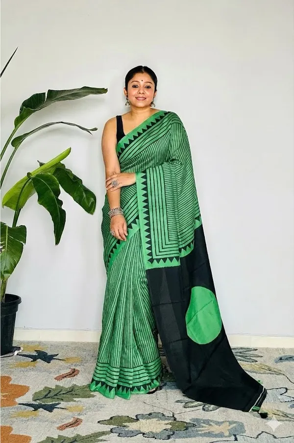Emerald_Green_&_Black_Ajrakh_Modal_Satin_Silk_Saree_with_Tribal_Stripe_Design_|_Premium_Soft_Silk_Saree