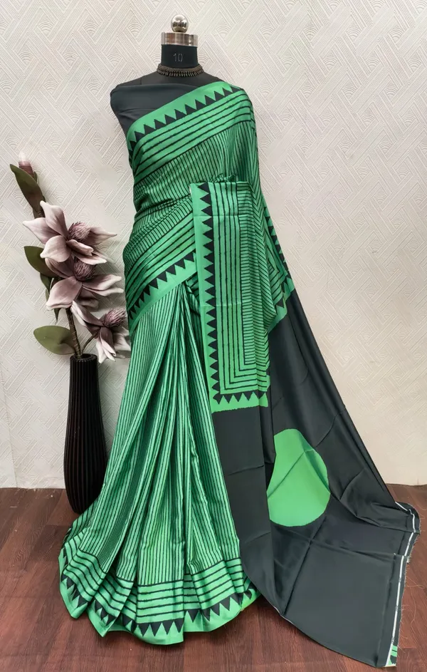 Emerald_Green_&_Black_Ajrakh_Modal_Satin_Silk_Saree_with_Tribal_Stripe_Design_|_Premium_Soft_Silk_Saree
