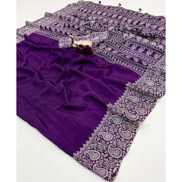 Designer_Ajrakh_Satin_Saree_|_Purple_Floral_Printed_Saree_with_Tassel_Detailing_|_Luxury_Party_&_Festive_Wear_Saree