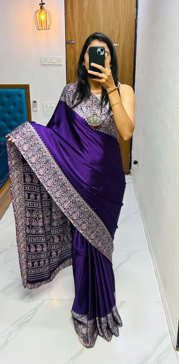 Designer_Ajrakh_Satin_Saree_|_Purple_Floral_Printed_Saree_with_Tassel_Detailing_|_Luxury_Party_&_Festive_Wear_Saree