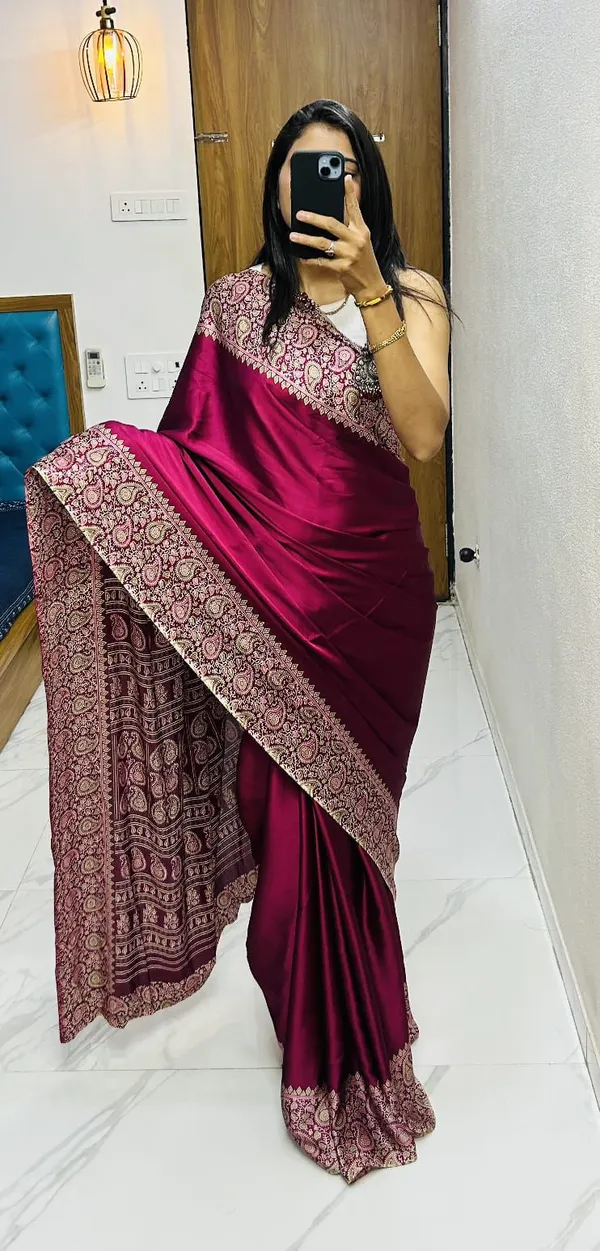 Elegant_Pink_Satin_Saree_with_Ajrakh_Floral_Design_|_Traditional_Tassel_Pallu_Saree_for_Women_|_Soft_&_Lightweight_Fabric