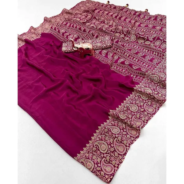 Elegant_Pink_Satin_Saree_with_Ajrakh_Floral_Design_|_Traditional_Tassel_Pallu_Saree_for_Women_|_Soft_&_Lightweight_Fabric