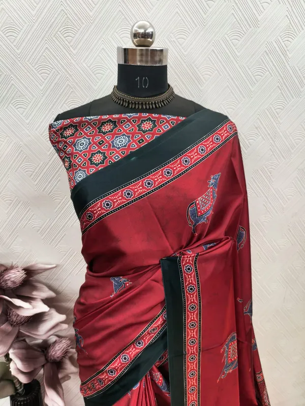 Bright_Red_Ajrakh_Modal_Satin_Silk_Saree_with_Butterfly_Print_Border_|_Premium_Soft_Silk_Saree