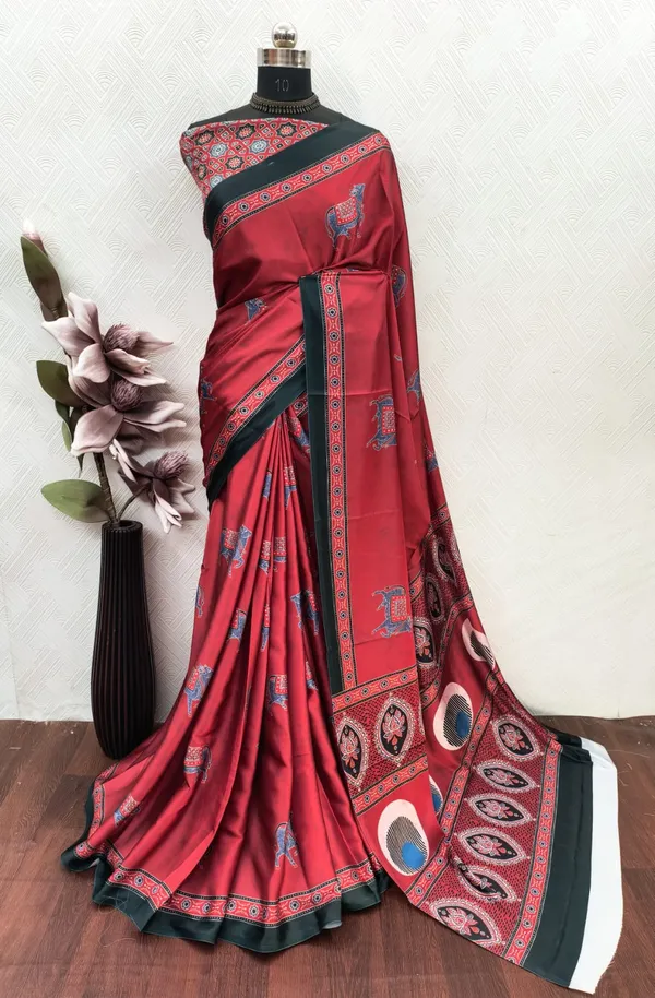 Bright_Red_Ajrakh_Modal_Satin_Silk_Saree_with_Butterfly_Print_Border_|_Premium_Soft_Silk_Saree