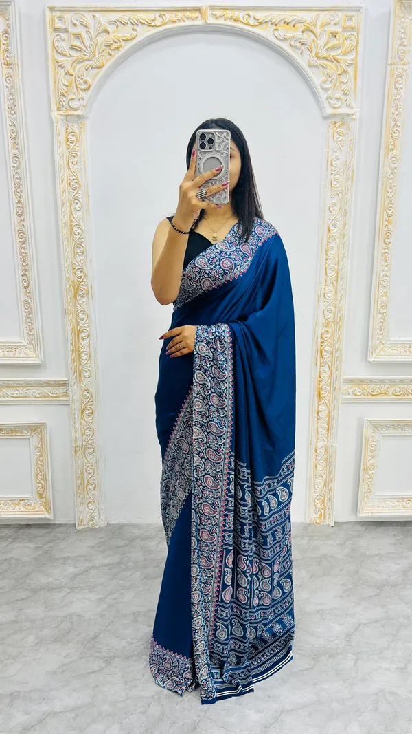 Ajrakh_Printed_Modal_Silk_Plain_Saree_With_Ajrakh_Blouse