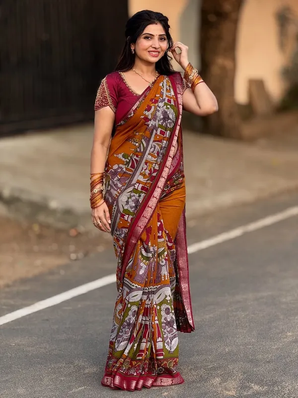 Mangalagiri_Kalamkari_Soft_Silk_Saree_|_Rust_Orange_Ethnic_Saree_with_Printed_Pallu