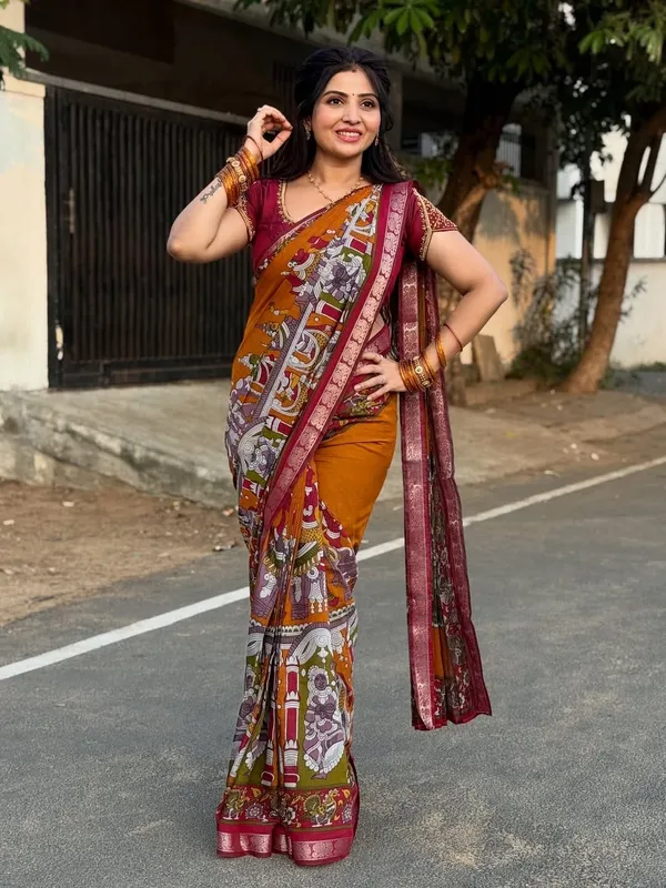 Mangalagiri_Kalamkari_Soft_Silk_Saree_|_Rust_Orange_Ethnic_Saree_with_Printed_Pallu