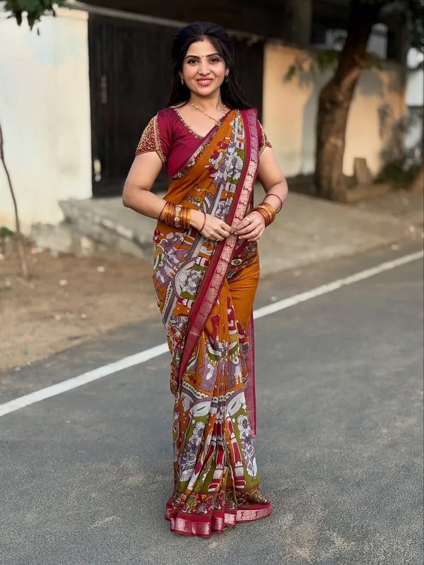 Mangalagiri_Kalamkari_Soft_Silk_Saree_|_Rust_Orange_Ethnic_Saree_with_Printed_Pallu