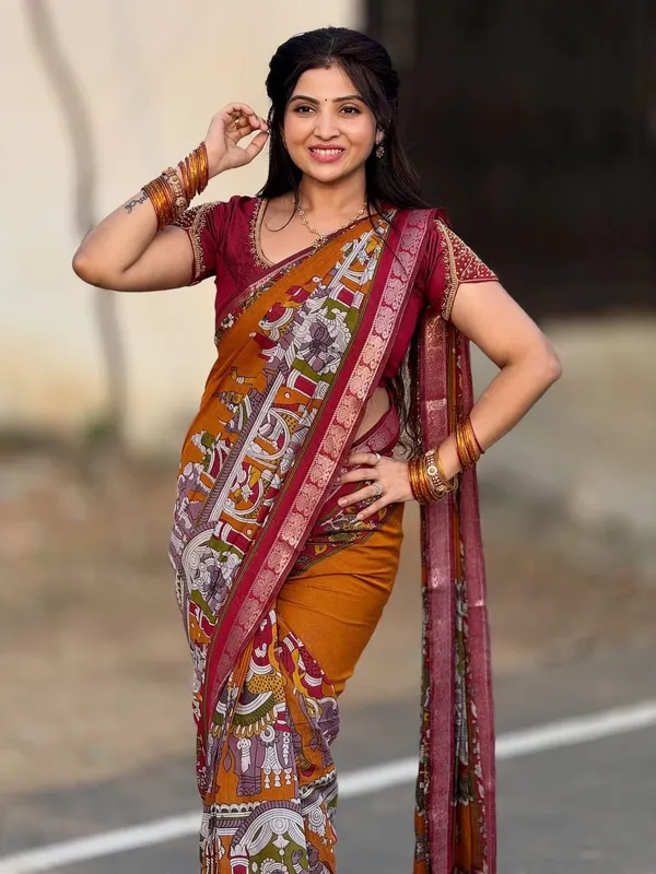 Mangalagiri_Kalamkari_Soft_Silk_Saree_|_Rust_Orange_Ethnic_Saree_with_Printed_Pallu