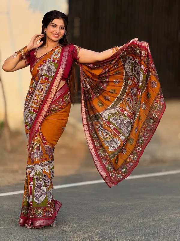Mangalagiri_Kalamkari_Soft_Silk_Saree_|_Rust_Orange_Ethnic_Saree_with_Printed_Pallu