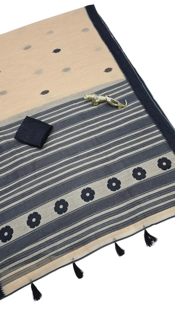 Elegant_Off_White_Linen_Saree_with_Black_Border_&_Minimal_Motifs_|_Premium_Soft_Linen_Saree